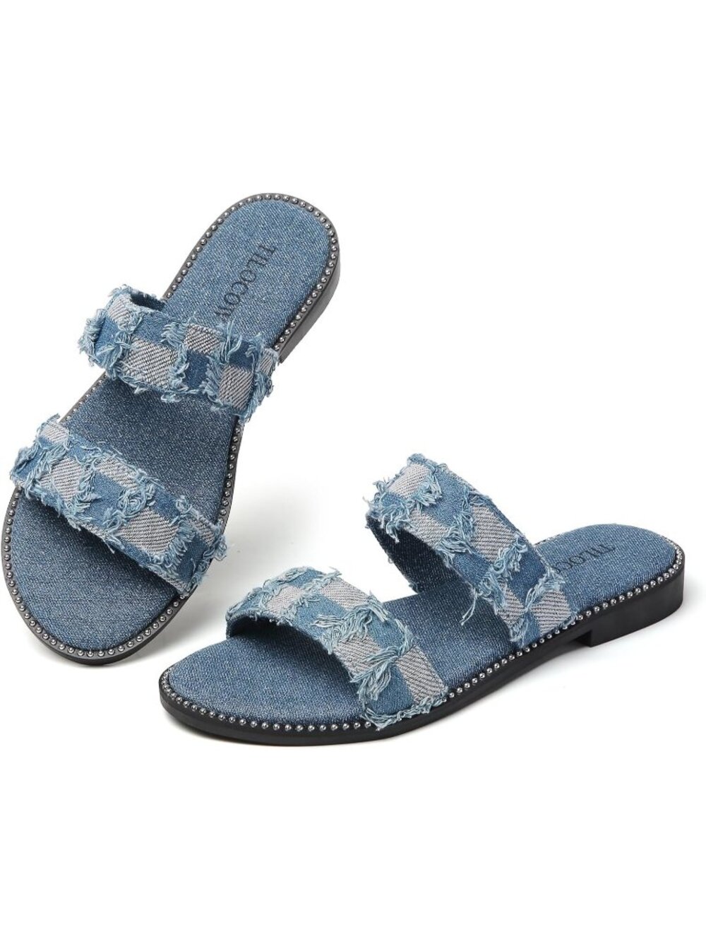 Women's Blue Lightweight Stylish Double Straps Rivet Trim Slides Flat Sandals